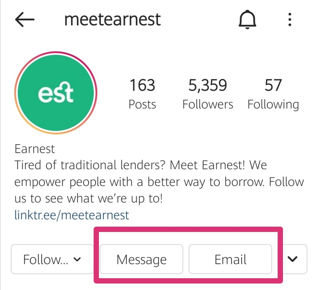 Contact options on Instagram profile