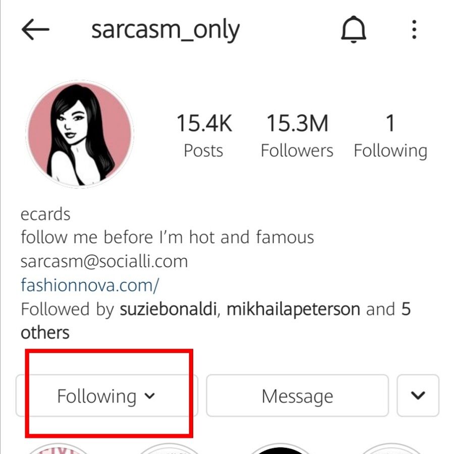 The "Following" button on Instagram page