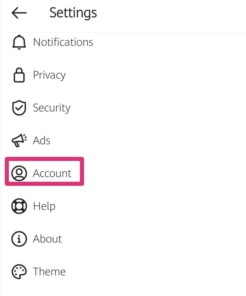 The "Account" tab in Instagram settings