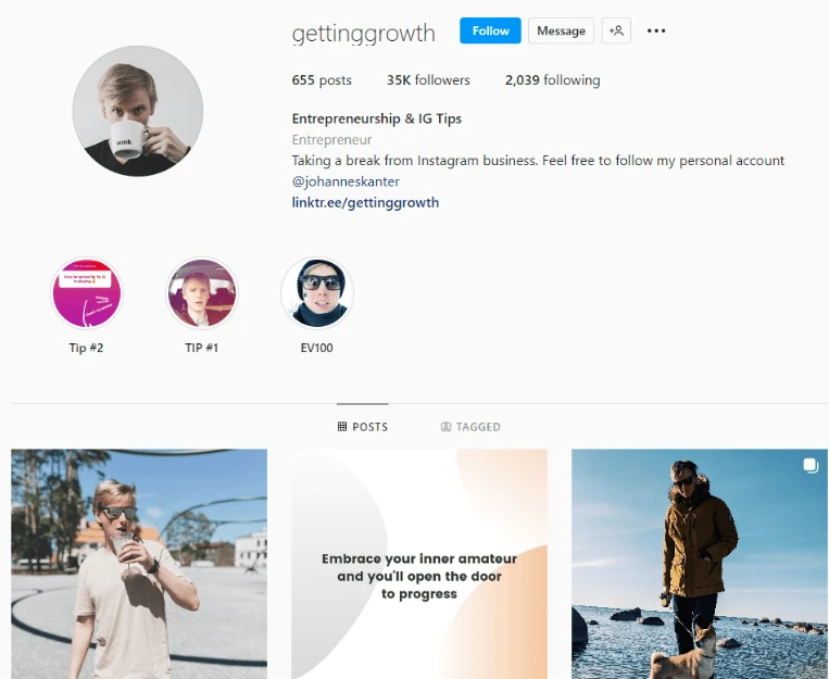 A screenshot of Getting Growth's Instagram account.