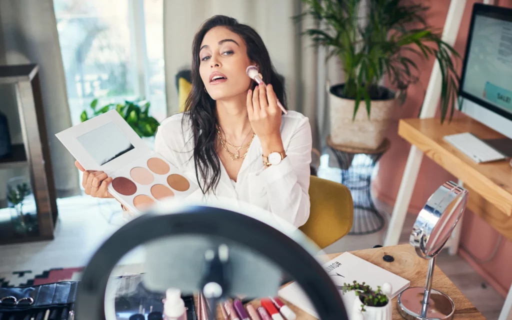 Influencer showing her makeup line on live stream 