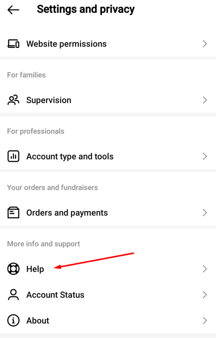 The help Option on Instagram.