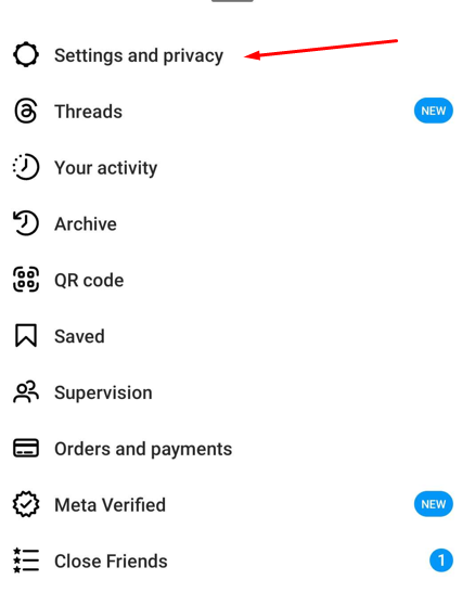 The Settings and privacy option on Instagram.
