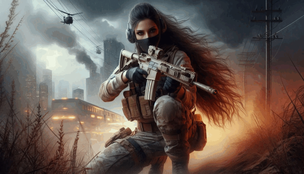 Female soldier crouching with a rifle in a city battlefield, symbolizing Call of Duty gameplay intensity.
