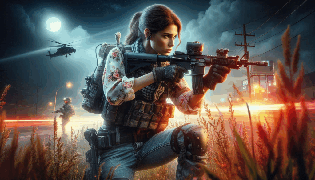 Female soldier aiming a rifle under moonlight, representing focus and strategy in Call of Duty.
