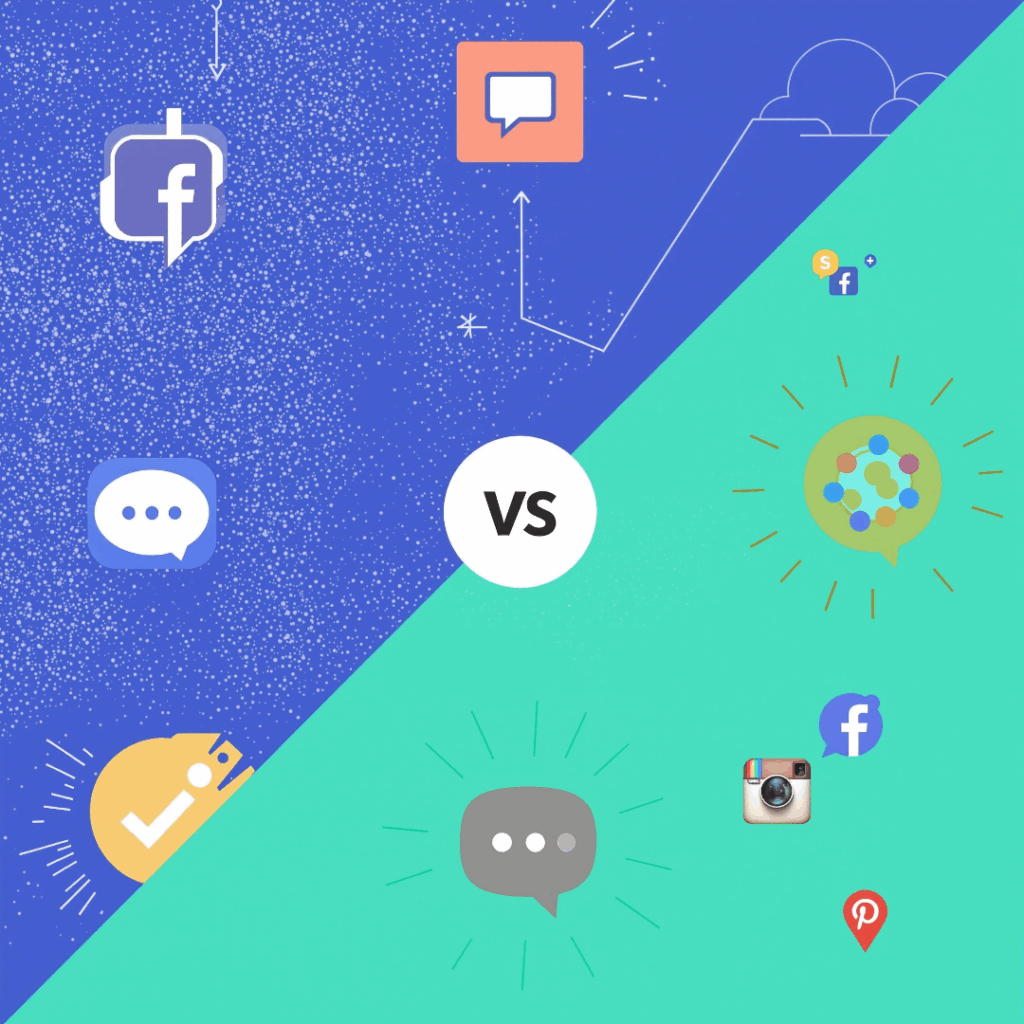 Social media messaging vs. content sharing comparison with platform icons and “VS” in the center.