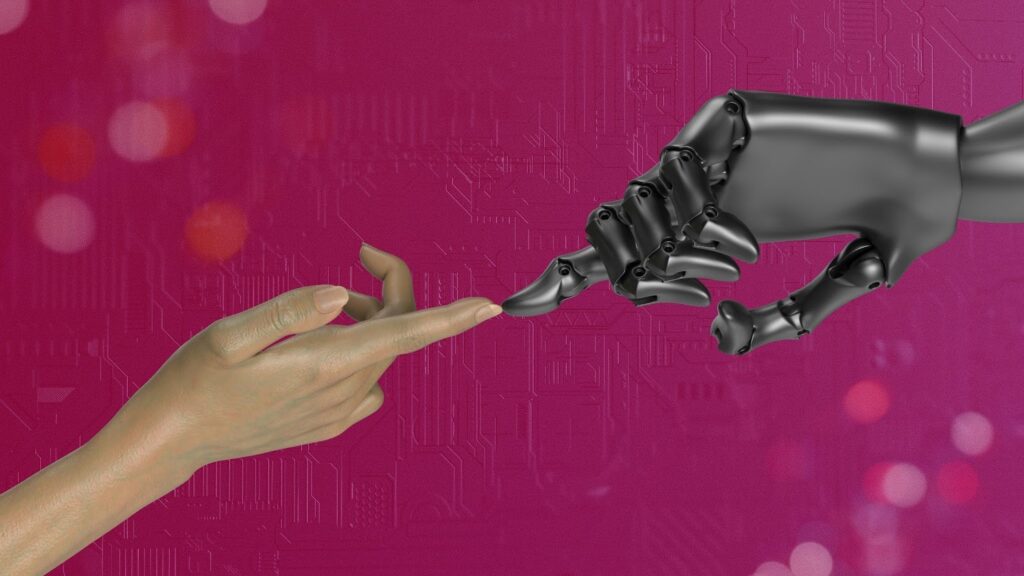 Robotic hand and human hand reaching toward each other against a pink digital background.
