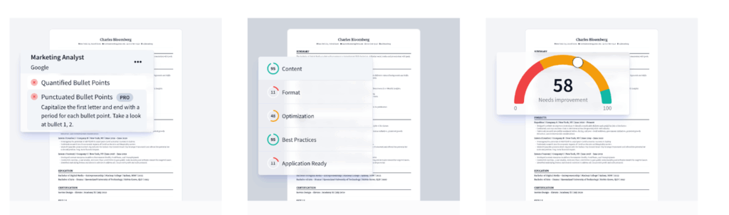 Screens displaying a resume analysis tool with content scoring and optimization features.