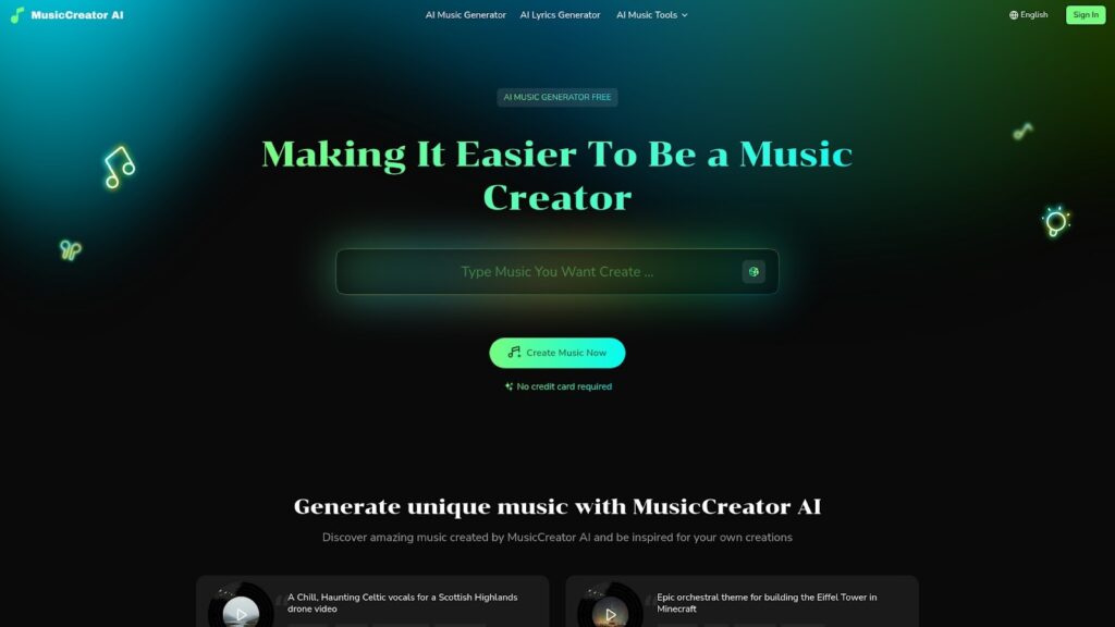 Screenshot of the MusicCreator AI website homepage showing a music generation tool with the tagline “Making It Easier To Be a Music Creator.”