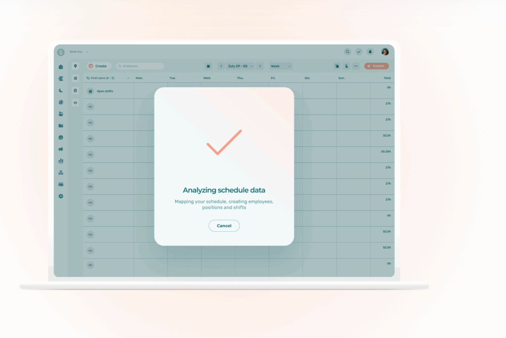 Laptop screen showing scheduling software analyzing data with a progress checkmark.