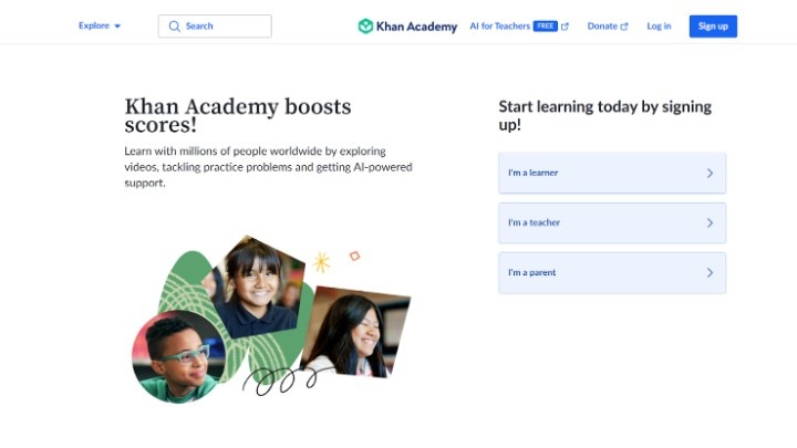 Landing page of Khan Academy