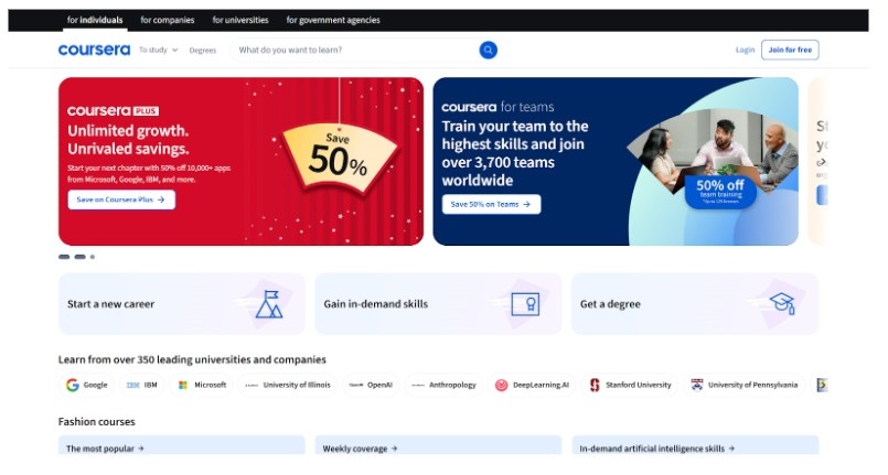 Landing page of Coursera
