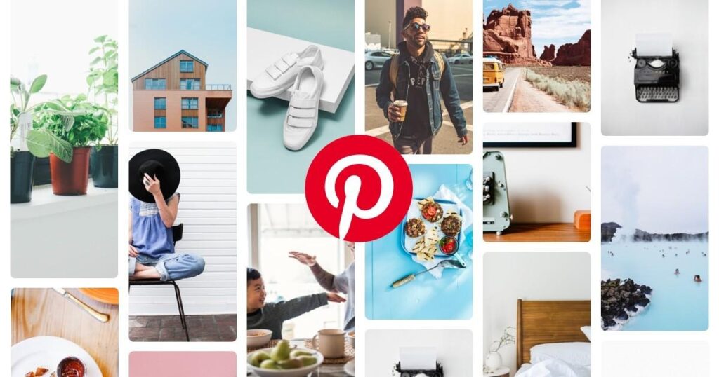 Pinterest-style grid showing lifestyle inspiration including plants, architecture, fashion, food, travel, and home decor with the Pinterest logo in the center.