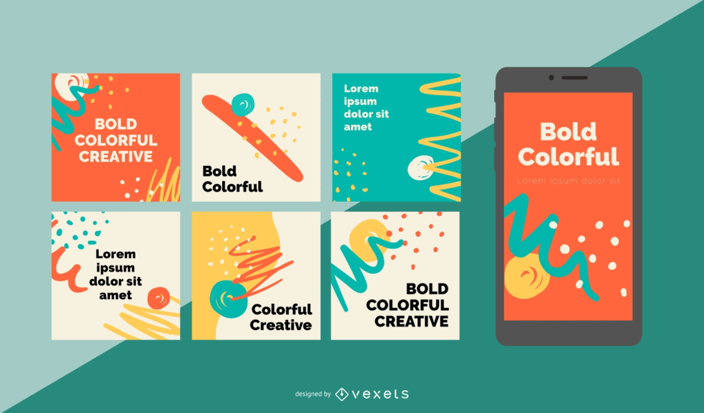 Colorful creative typography designs displayed in a social media grid with bold text styles and branded visual elements