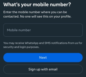 Application with visible window to insert mobile number.