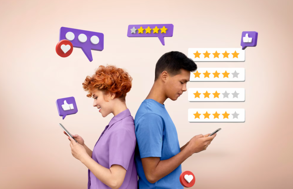 Two young people standing back to back while using their smartphones, surrounded by social media notifications, five star rating graphics, likes, and comment icons, illustrating online reviews, customer feedback, social media engagement, and digital reputation management.