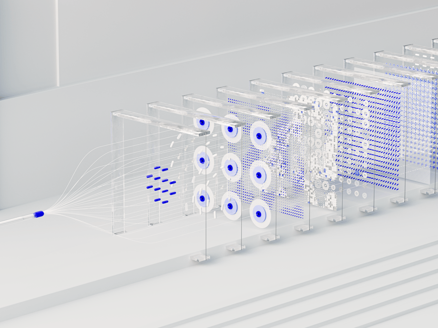 Visual abstraction of neural networks in AI technology, featuring data flow and algorithms.