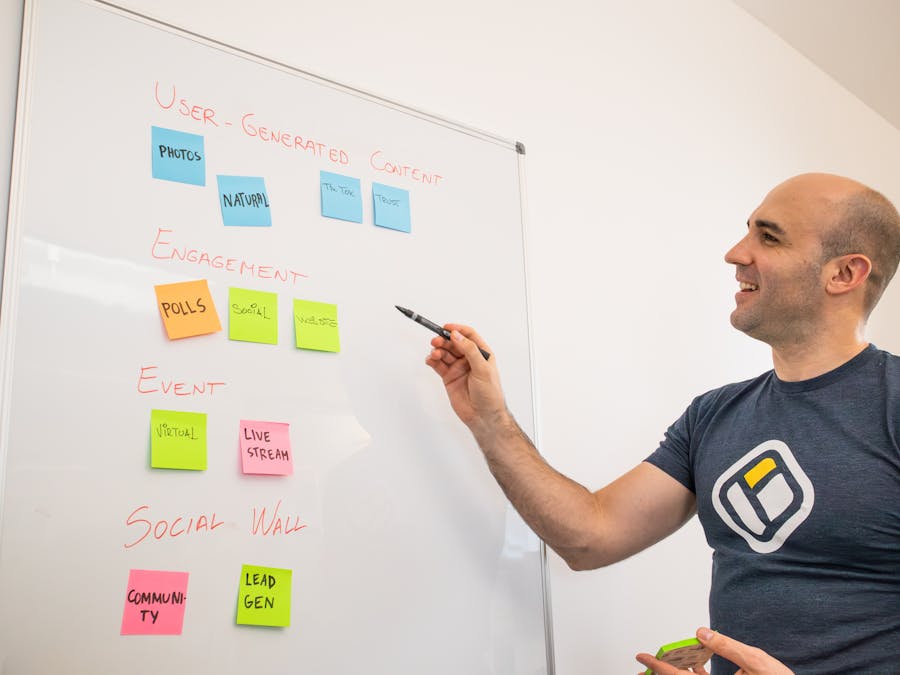 Smiling man presents strategies on a whiteboard with post-its, focusing on engagement and user-generated content.