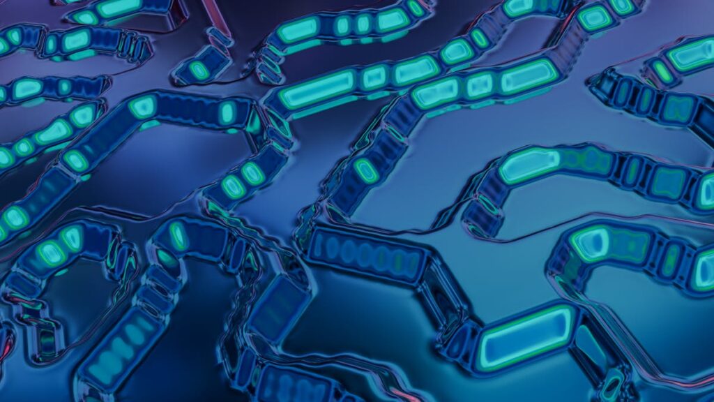 High-tech abstract art featuring blue and teal circuit-like patterns with a digital vibe.