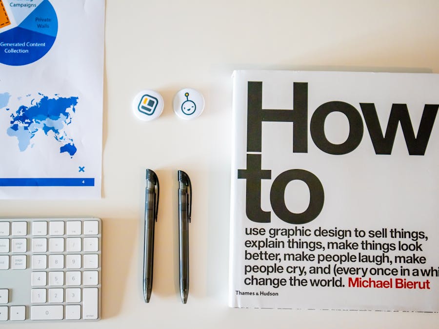 Flat lay of a creative workspace with 'How To' book, chart, pens, and keyboard in minimalist style.