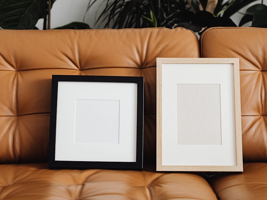 A cozy interior scene featuring black and wood picture frames on a brown leather sofa with indoor plants.