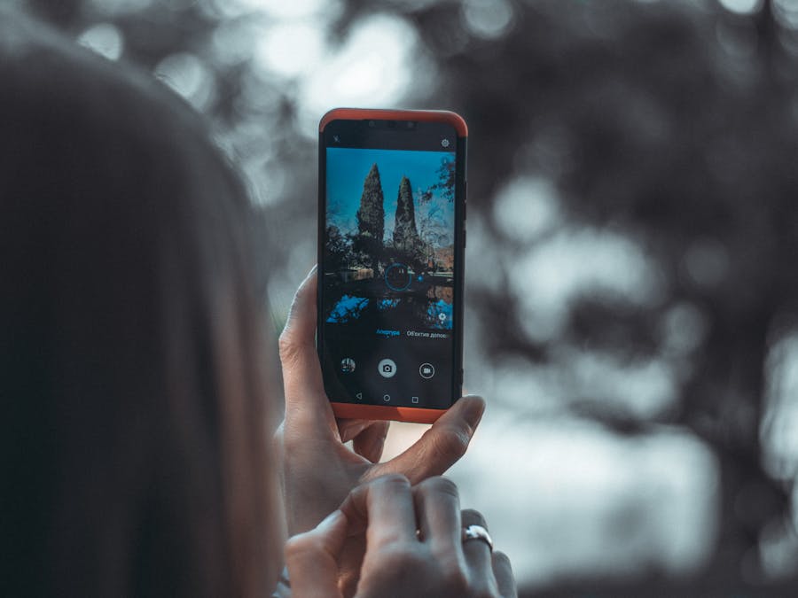 A person takes a photo in nature using a smartphone, capturing trees in focus.
