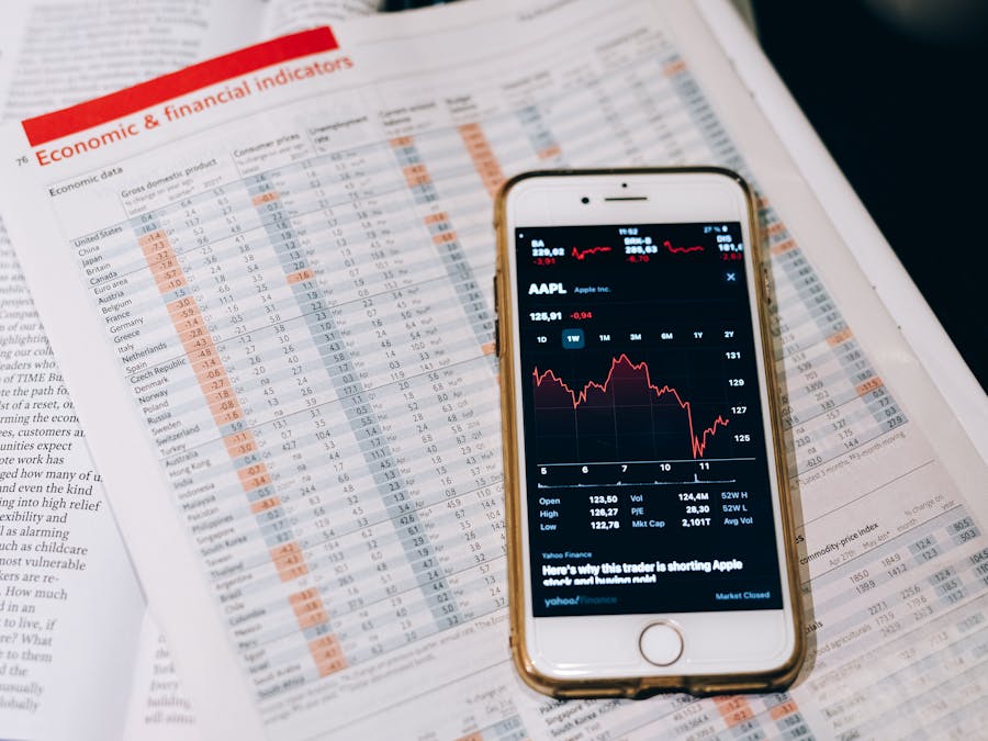 Smartphone displaying stock market data on papers with financial charts.