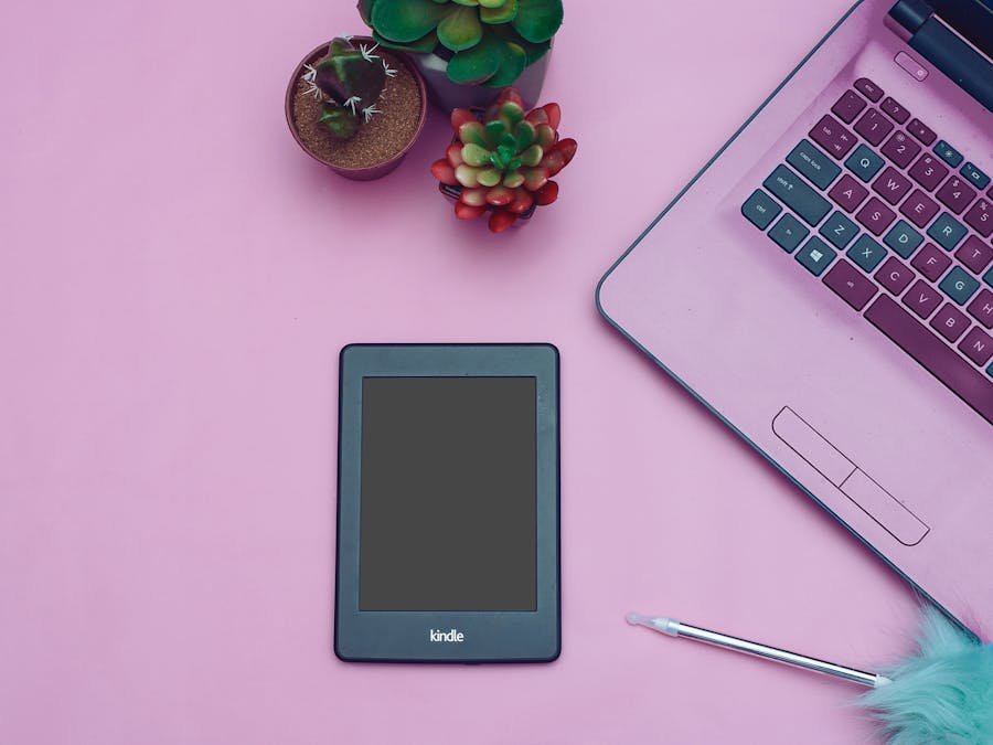 Flat lay of a modern desk setup with Kindle, laptop, and succulent plants on a pink background.