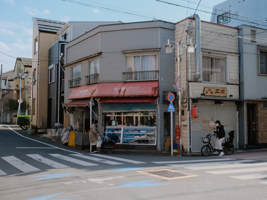 Peaceful street scene in Tokyo, Japan, featuring traditional shops and pedestrians.