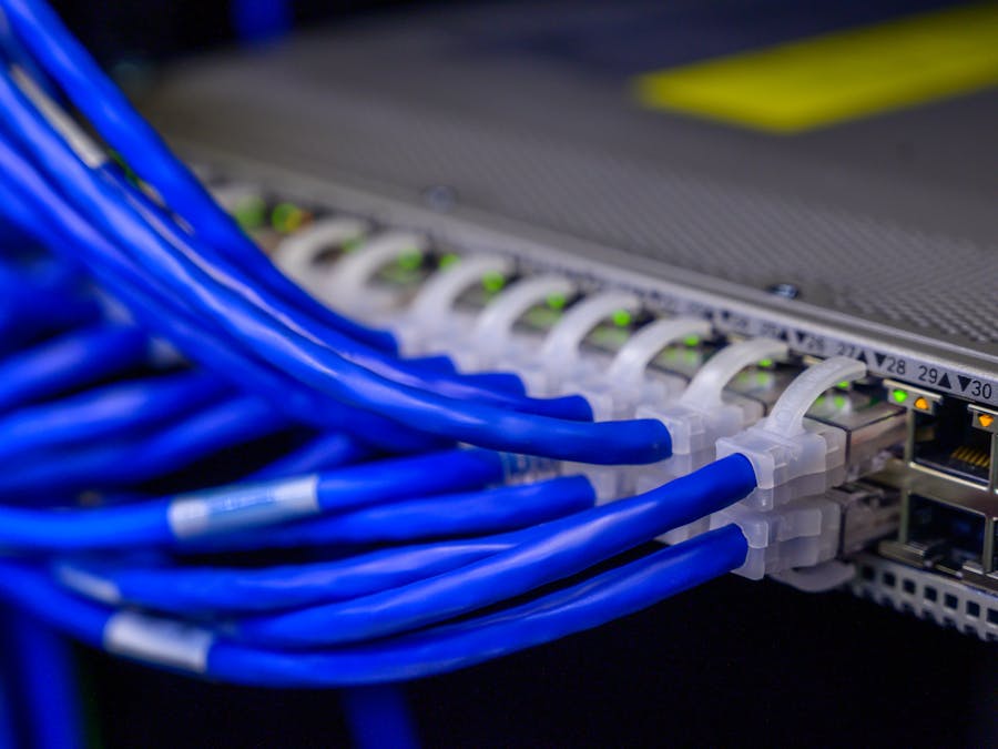 Detailed view of blue ethernet cables connected to a network switch in a data center.