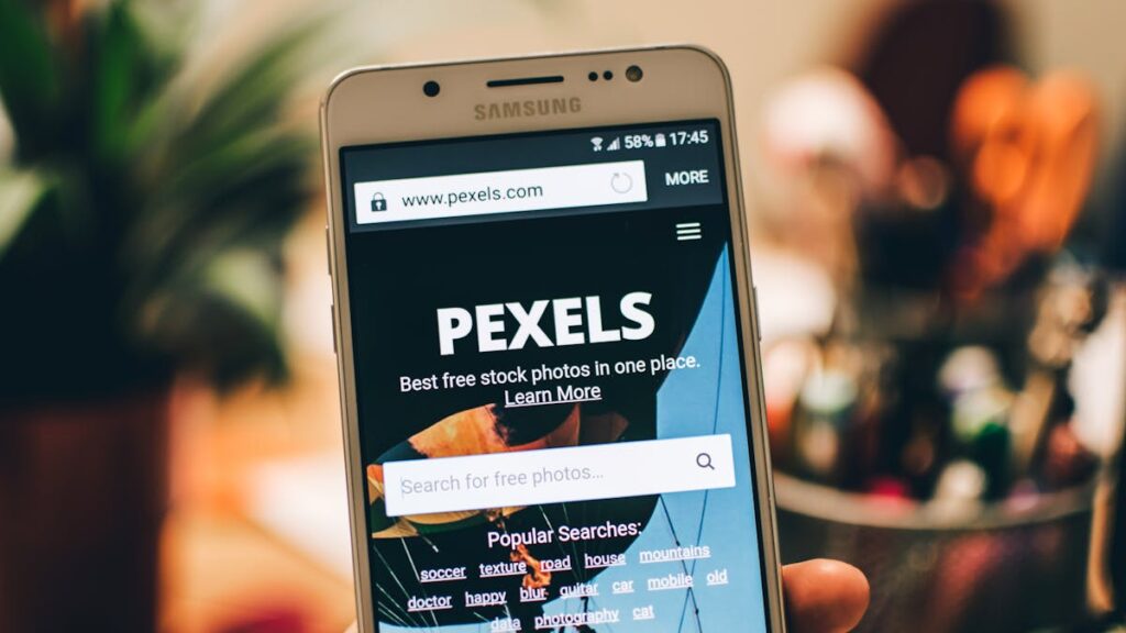 A close-up view of a smartphone displaying the Pexels website screen for stock photo searches.