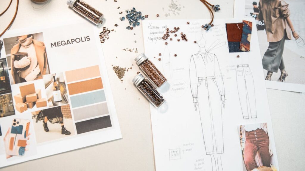 Creative fashion workspace featuring design sketches, mood boards, and beads on a desk.
