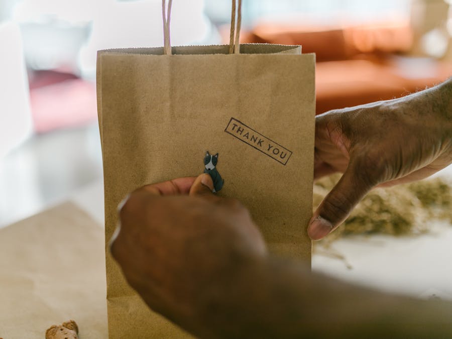Close-up of hands holding a thank you paper bag, symbolizing gratitude and small business packaging.