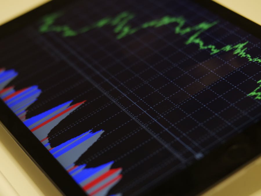 Close-up of a tablet displaying stock market analysis with colorful graphs.
