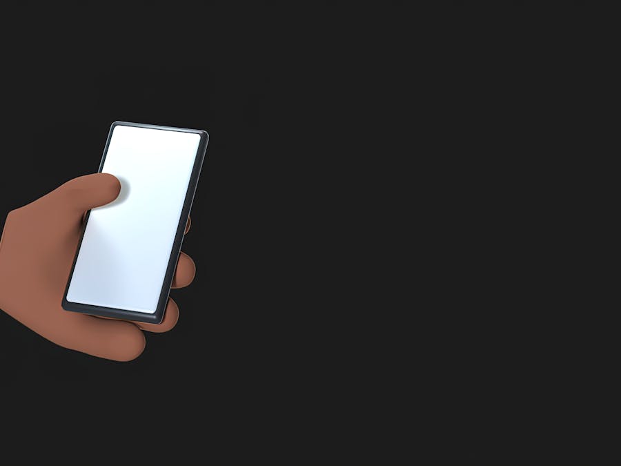 3D illustration of a hand holding a smartphone on a dark background.