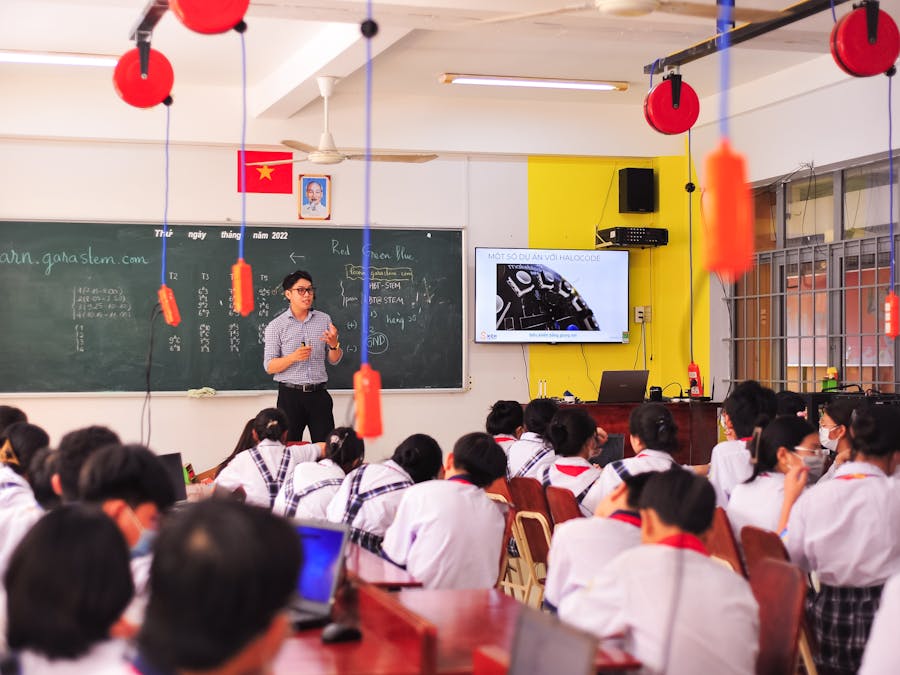 Teacher conducts an interactive lesson in a vibrant classroom setting with attentive students.