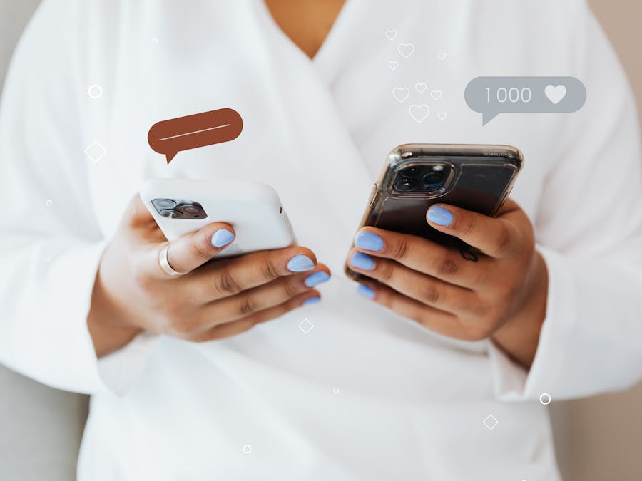 A woman in a white robe interacts with two smartphones, showcasing social media engagement icons.