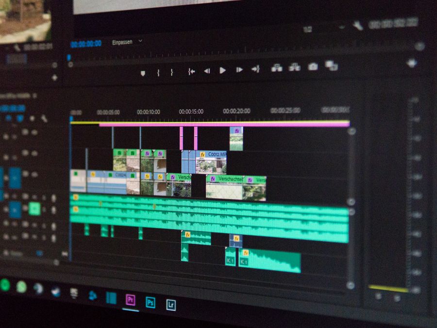 Close-up of a video editing timeline interface on a computer screen, showcasing professional software in action.