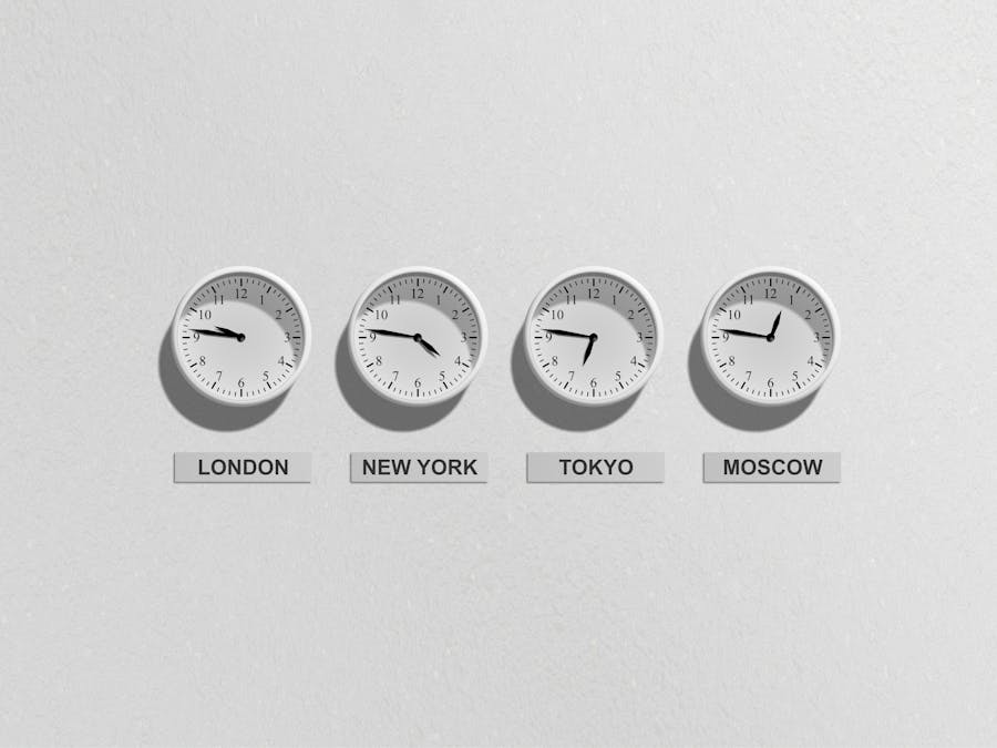 Four wall clocks showing different time zones for London, New York, Tokyo, and Moscow.