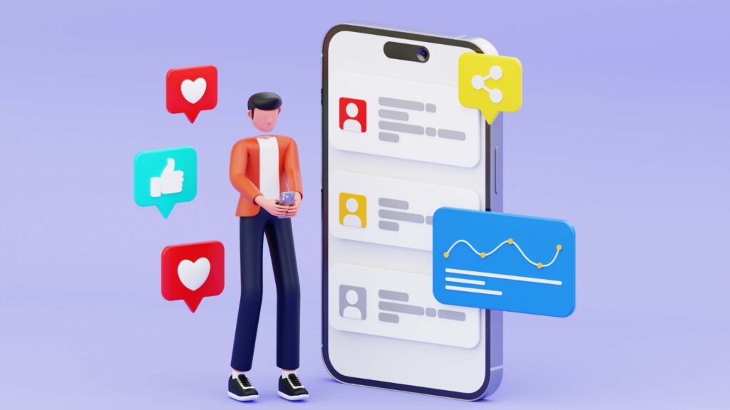 Social media engagement dashboard on a smartphone showing likes, comments, shares, and audience activity