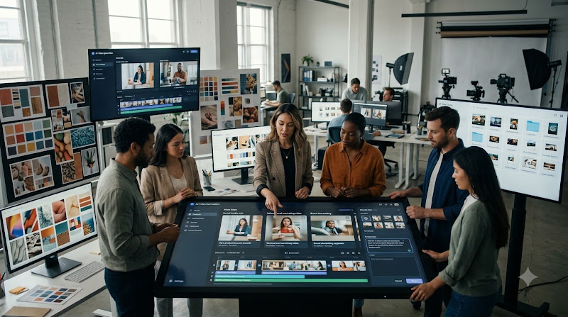 Creative team reviewing video content and digital assets on multiple screens in a production studio
