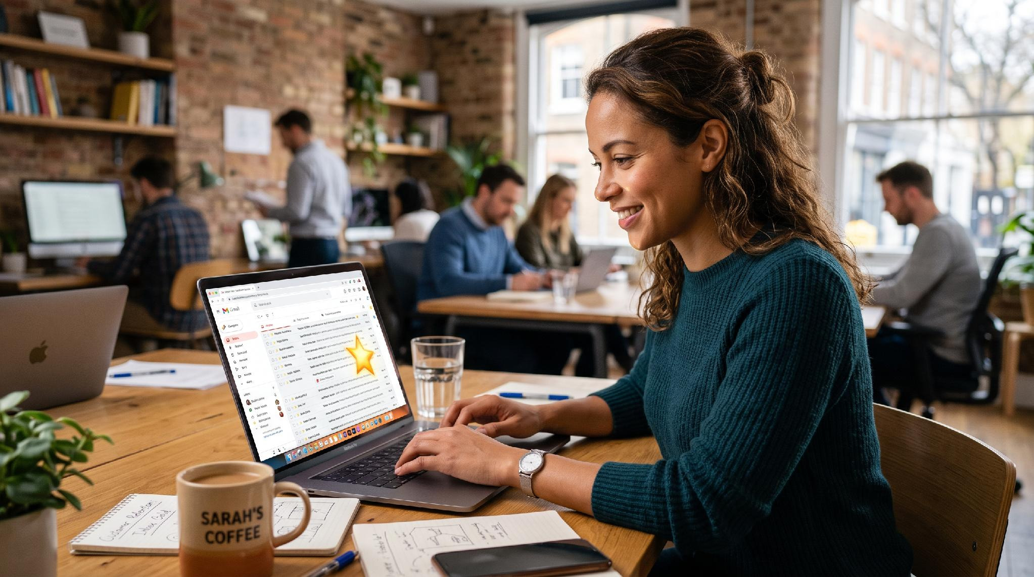 Woman managing messages on a laptop in a busy office