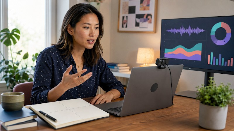 Marketer using AI interview preparation tools to practise campaign-based answers