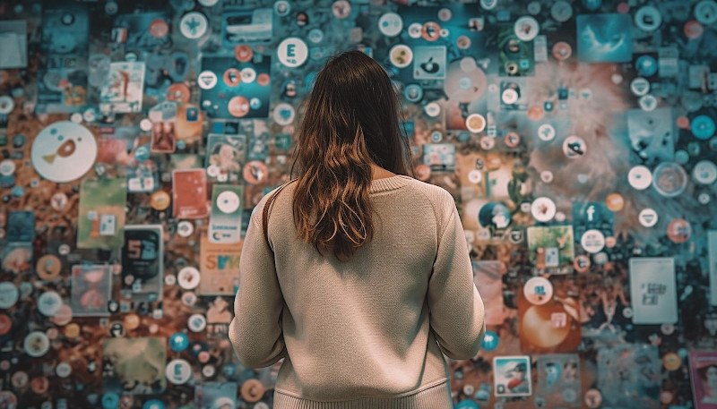 Woman looking at a wall filled with social media icons and digital content