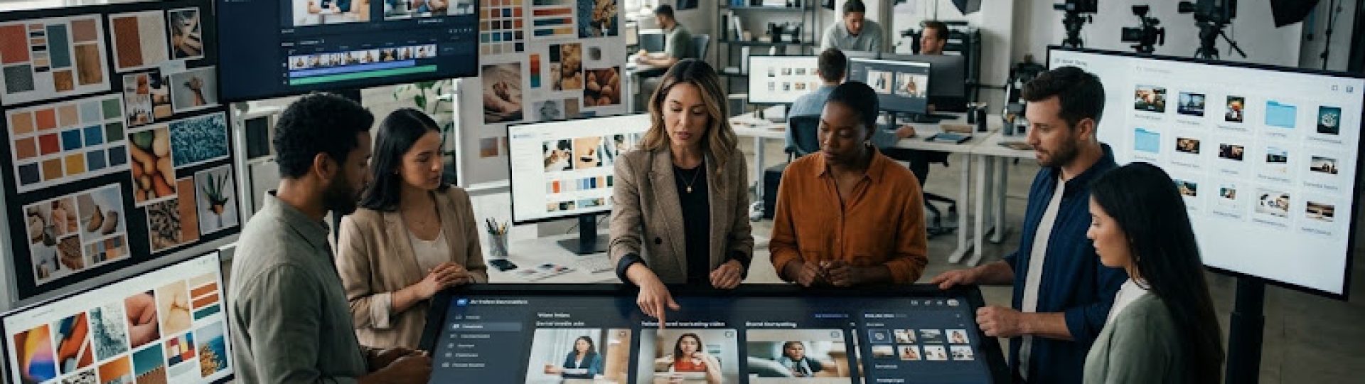 Creative team reviewing video content and digital assets on multiple screens in a production studio