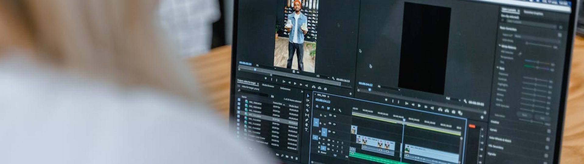 Close-up of video editing software on laptop, focused on timeline.
