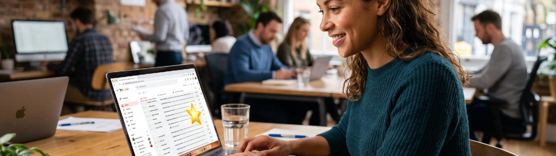 Woman managing messages on a laptop in a busy office